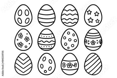 Twelve hand-drawn outline decorated Easter eggs ready for coloring book pages