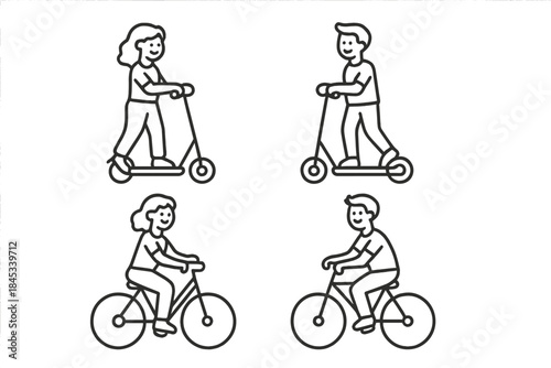 Four line icons showing people riding scooters and bicycles