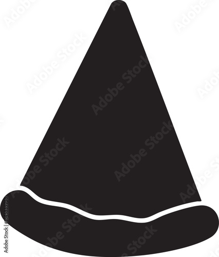 Black pointed hat with a wide brim and a white decorative band