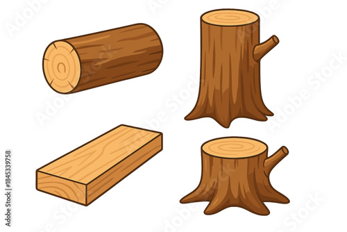 Assortment of wood materials including log, lumber plank, and tree stumps