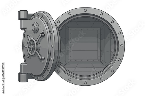 Heavy steel bank vault door standing wide open revealing empty interior