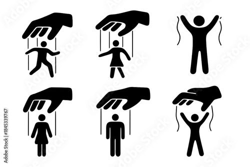 Puppet master hands controlling stick figure icons set