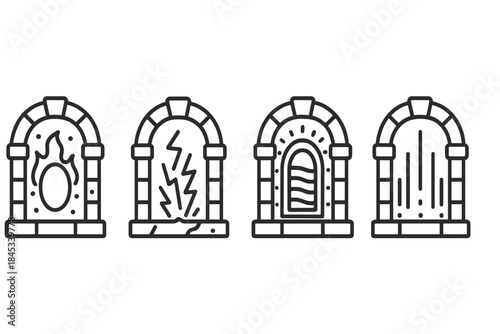 Four fantasy portal icons featuring fire, lightning, water, and energy effects