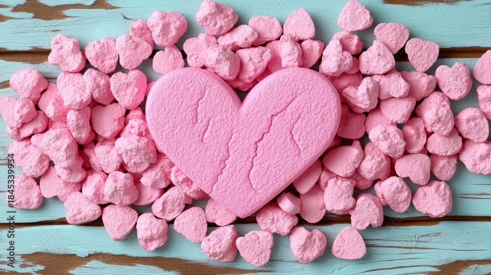 Obraz premium Pink Broken Heart Surrounded by Small Heart Candies on Wood