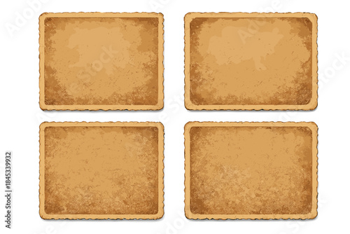 Four blank vintage photo frames with deckled edges and aged texture