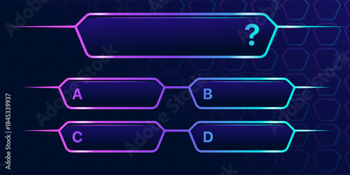 Futuristic quiz interface with multiple choice options and hexagonal background