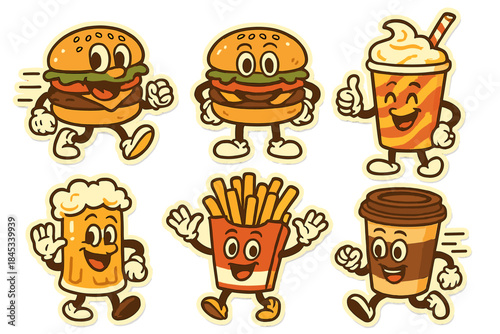 Fast food characters running in dynamic retro sticker style