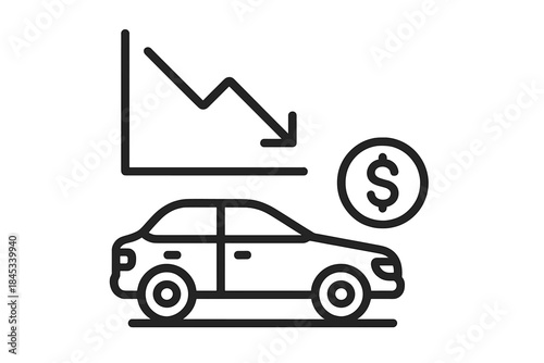 Automobile depreciation value decline chart with currency symbol