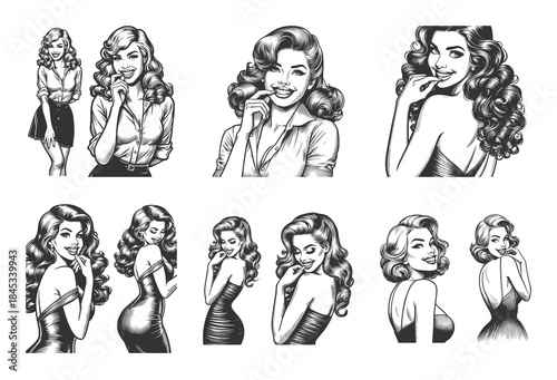 Smiling pin-up women with glamorous hairstyle and bright expressions charm and joy Set collection bundle sketch engraving generative ai vector illustration. Scratch board imitation. Black and white.