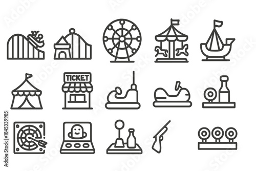 Outline icons set of amusement park rides and carnival game attractions