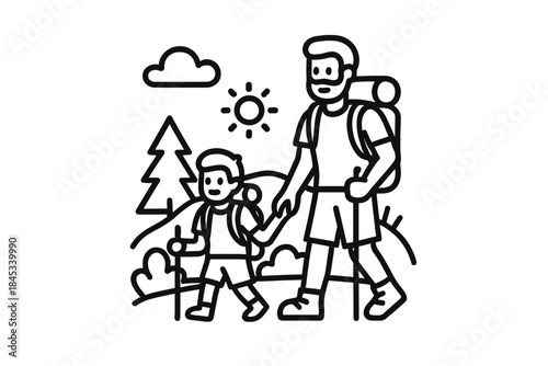 Father and son hiking together with backpacks and trekking poles