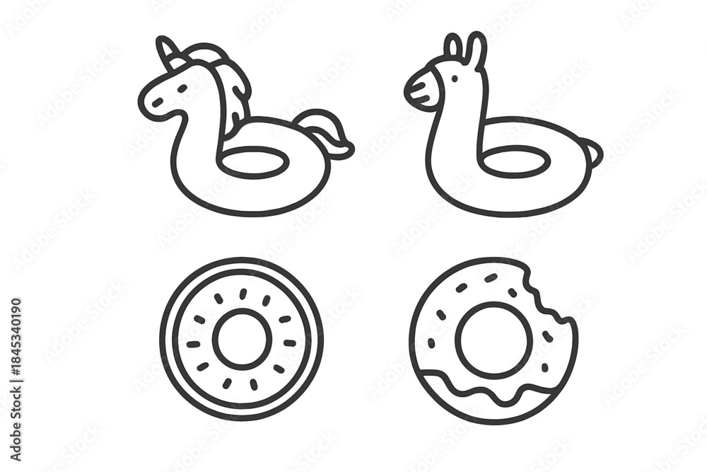 Fototapeta premium Inflatable unicorn and llama swimming rings with sweet baked donuts line art