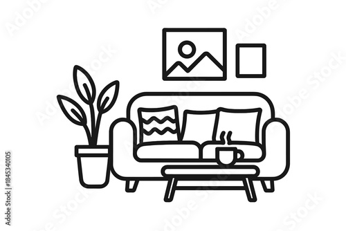 Modern living room furniture outline with potted plant and wall art