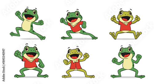 Set of Six Cheerful Cartoon Frogs in Various Poses.