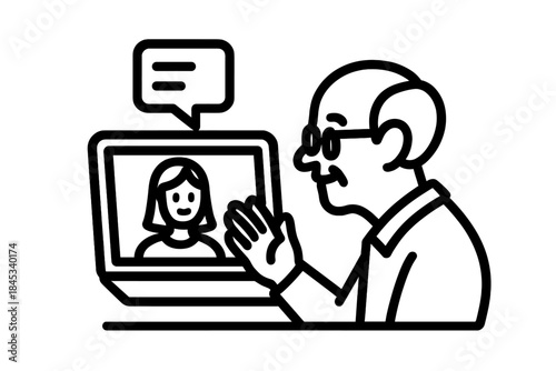 Elderly person communicating remotely via laptop screen during an online consultation session