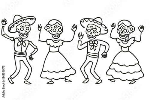 Traditional Mexican dancing skeletons celebrating Dia de Muertos in festive attire