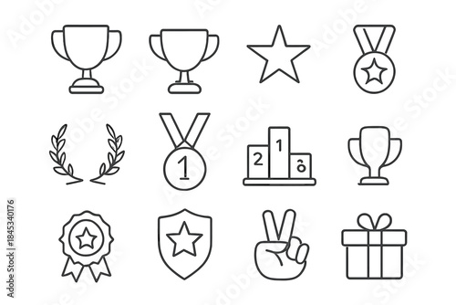 Awards, success, victory, and achievement symbols including trophies, medals, and podiums
