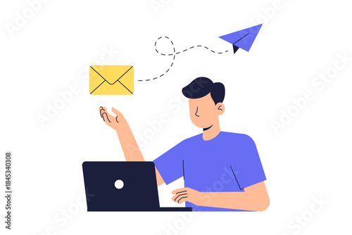 Man sending email message using laptop illustration