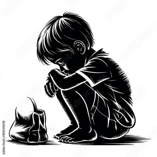 Silhouette of a sad, lonely child crouching down next to a small bag, conveying feelings of poverty, homelessness, or distress, rendered in a highcontrast black and white woodcut style