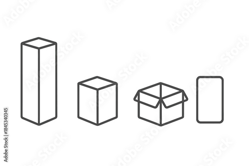 Set of outline shapes for various packaging boxes, including closed, open, and tall containers