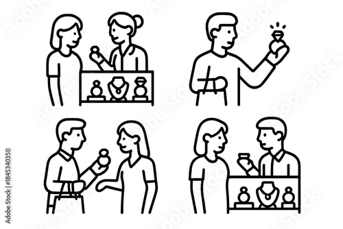 Customers and salespeople interacting with luxury goods in a jewelry store shopping environment
