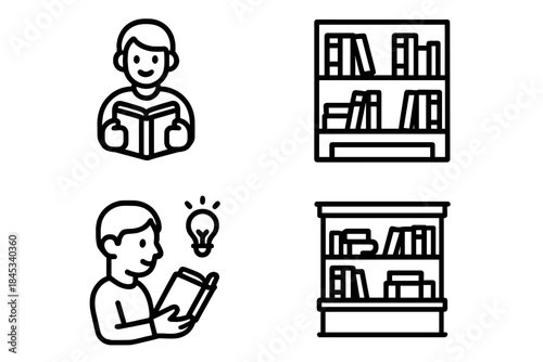 People studying, reading, and learning concepts with library bookshelves and knowledge symbols