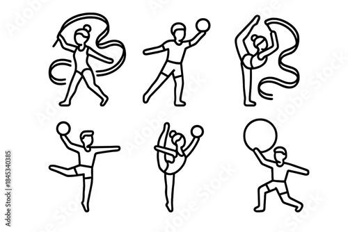 Six outline icons of rhythmic gymnasts performing various exercises with ribbon and ball