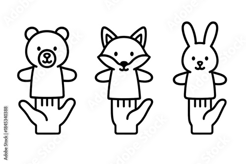 Three cute animal finger puppets on hands featuring a bear, fox, and rabbit