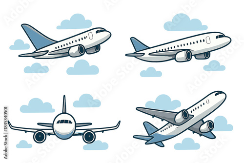 Commercial passenger aircraft flying in the blue sky surrounded by fluffy white clouds