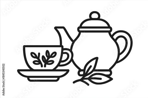 Teapot and teacup with saucer and fresh tea leaves in a simple outline icon style