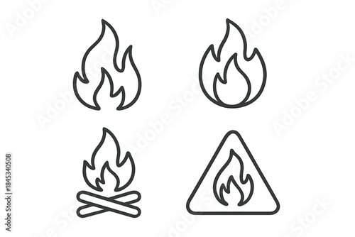 Outline symbols of fire, flame, bonfire, and flammable hazard warning sign