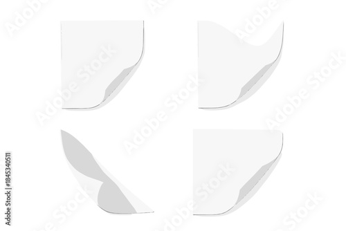 Set of four realistic white paper corners peeling back with curled edges and subtle shadows