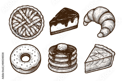 Collection of various baked goods and desserts in vintage engraving style