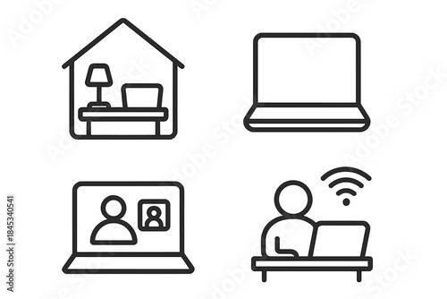 Set of line symbols for remote work, home, video conferencing, and online communication