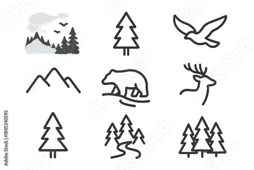 Minimalist black line art set of wildlife, mountains, and evergreen trees for nature themes