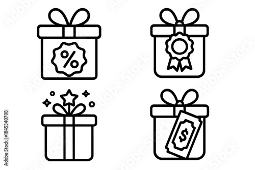 Outline icons set showing gift boxes with reward, discount, and loyalty symbols