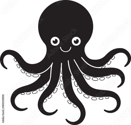 Minimal silhouette style vector octopus logo design featuring clean black shapes, simple flowing line art, modern minimalist sea creature icon ideal for branding, marine businesses, seafood brands, cr