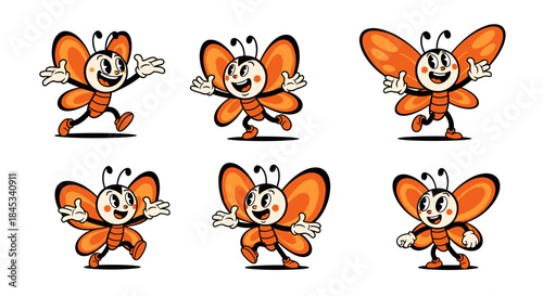 Retro Cartoon Butterfly Character Set with Multiple Poses.