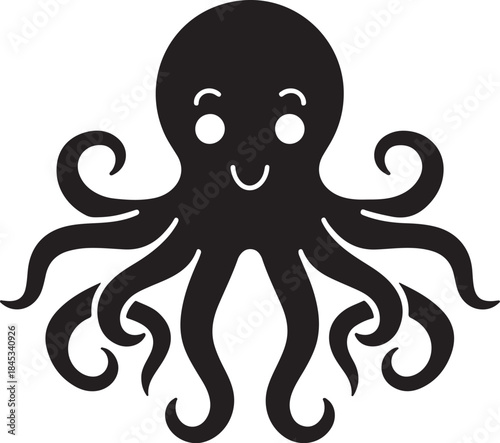Minimal silhouette style vector octopus logo design featuring clean black shapes, simple flowing line art, modern minimalist sea creature icon ideal for branding, marine businesses, seafood brands, cr
