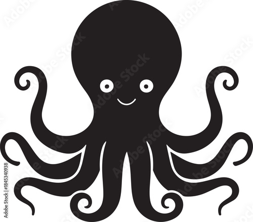 Minimal silhouette style vector octopus logo design featuring clean black shapes, simple flowing line art, modern minimalist sea creature icon ideal for branding, marine businesses, seafood brands, cr