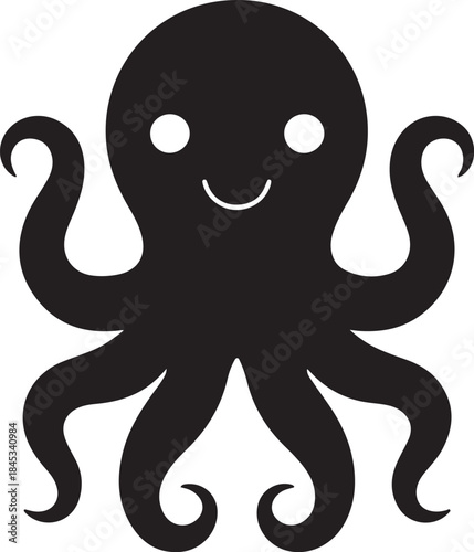 Minimal silhouette style vector octopus logo design featuring clean black shapes, simple flowing line art, modern minimalist sea creature icon ideal for branding, marine businesses, seafood brands, cr