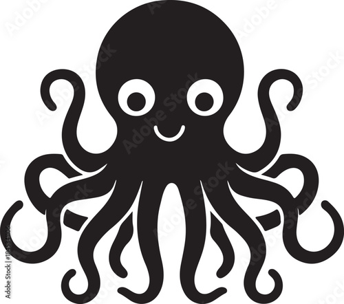 Minimal silhouette style vector octopus logo design featuring clean black shapes, simple flowing line art, modern minimalist sea creature icon ideal for branding, marine businesses, seafood brands, cr