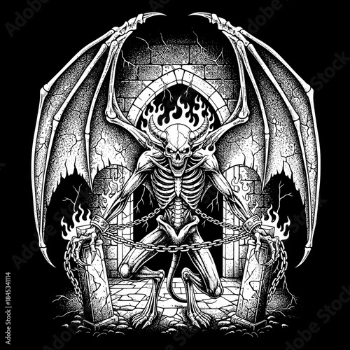 Fearsome demon with skeletal features and large bat-like wings chained in a dark setting.