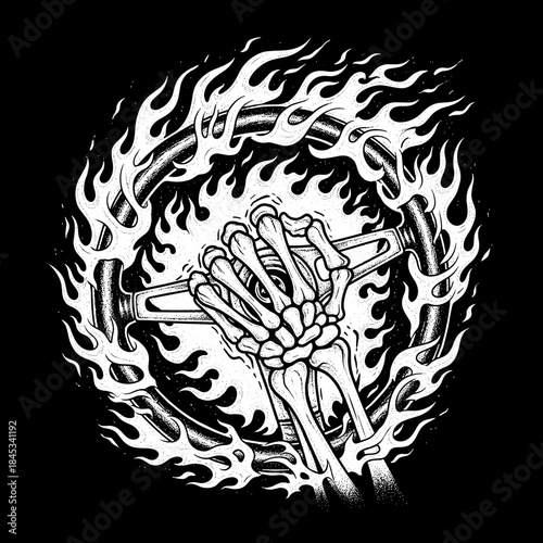 Skeleton Hands Gripping Flaming Steering Wheel.