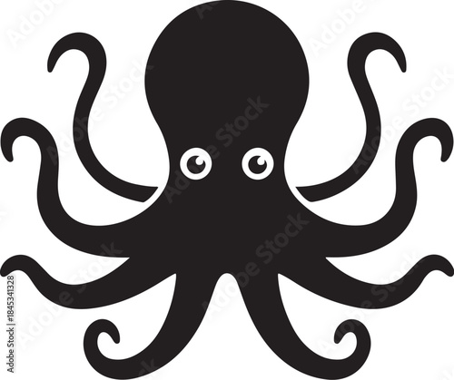Minimal silhouette style vector octopus logo design featuring clean black shapes, simple flowing line art, modern minimalist sea creature icon ideal for branding, marine businesses, seafood brands, cr