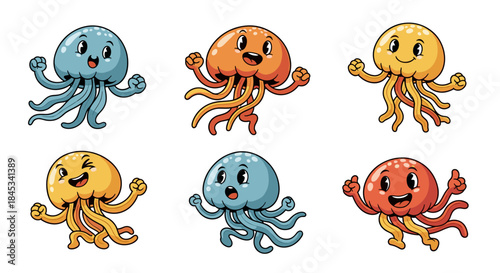Set of Six Cute Cartoon Jellyfish Characters with Happy Expressions.