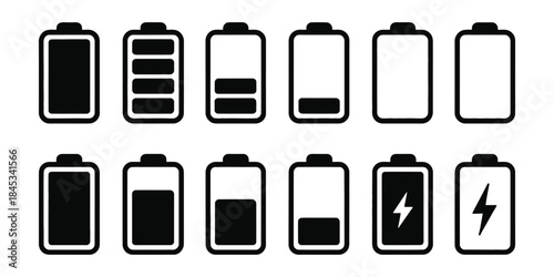 battery icons set presenting clean black vector designs of battery charge indicators, power level