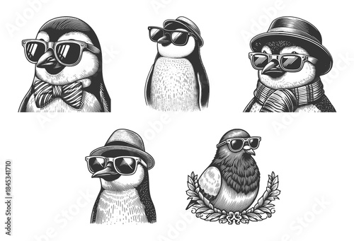 penguins and bird wearing sunglasses, hats, scarves, and bowties with humorous Set collection bundle sketch engraving generative ai vector illustration. Scratch board imitation. Black and white image.