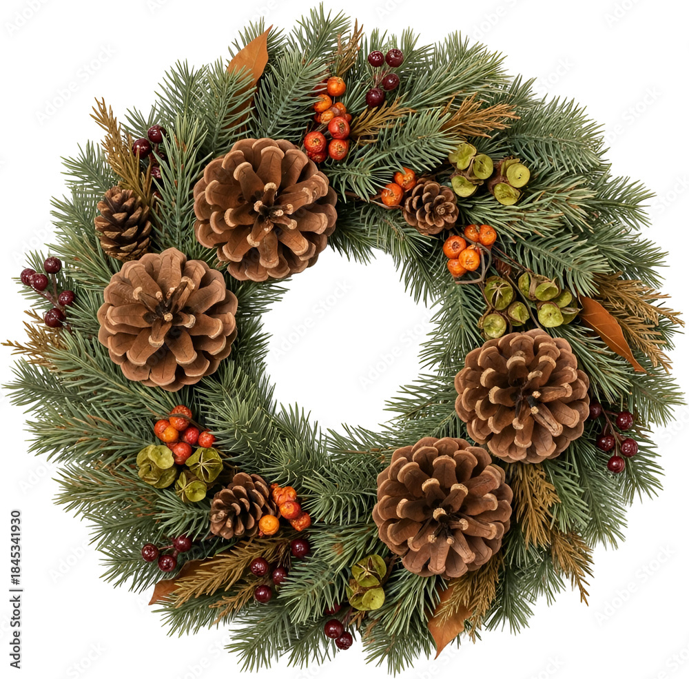 Fototapeta premium Realistic Christmas Wreath with Pine Branches and Red Berries