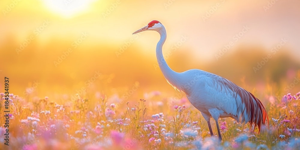 Obraz premium Sandhill crane enjoying golden hour in blooming meadow